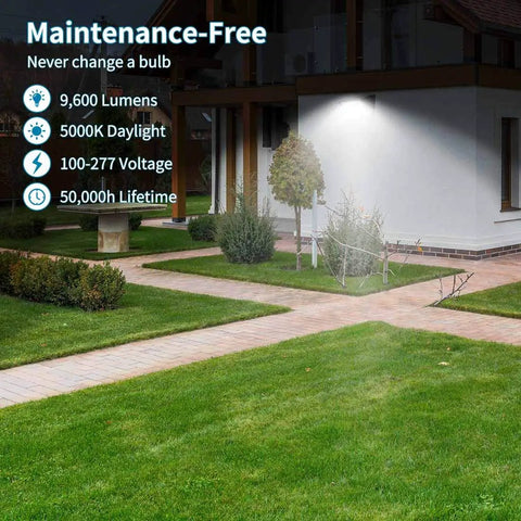 2-Pack 150W LED Wall Pack Light With Photocell on exterior wall illuminating green lawn and path at night