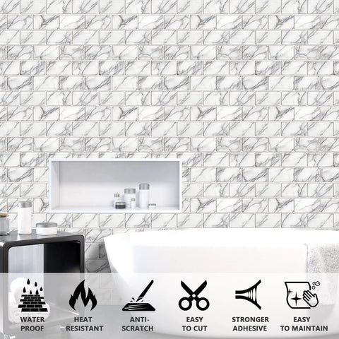 White marble look 10 sheet peel and stick backsplash tiles in bathroom setting with icons, 12x12 self adhesive subway wall tiles