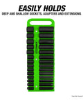 Three Pack Portable Magnetic Socket Organizer Tray For One Quarter Inch, Three Eighth Inch, And One Half Inch Drive Sockets, Holds Up To 76 Sockets, Magnetic, Rugged Green Tray For Toolbox, Garage, Or Shop showing green tray with spaces for sockets
