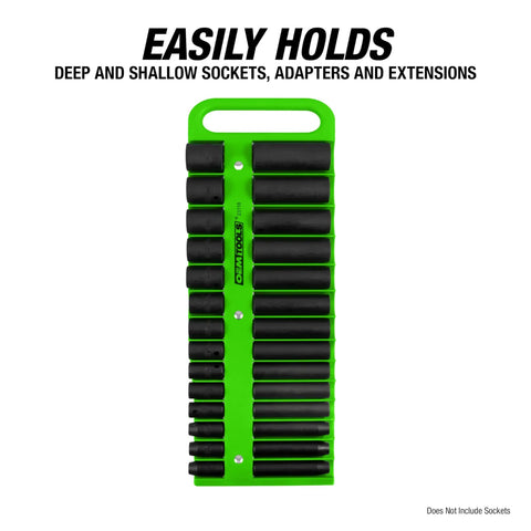Three Pack Portable Magnetic Socket Organizer Tray For One Quarter Inch, Three Eighth Inch, And One Half Inch Drive Sockets, Holds Up To 76 Sockets, Magnetic, Rugged Green Tray For Toolbox, Garage, Or Shop showing green tray with spaces for sockets