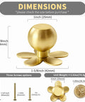 Real Deal Solid Brass Cabinet Knobs Slick Flower Backplate Brushed Gold Finish 1-5/8 inch size with dimensions displayed.