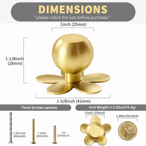 Real Deal Solid Brass Cabinet Knobs Slick Flower Backplate Brushed Gold Finish 1-5/8 inch size with dimensions displayed.