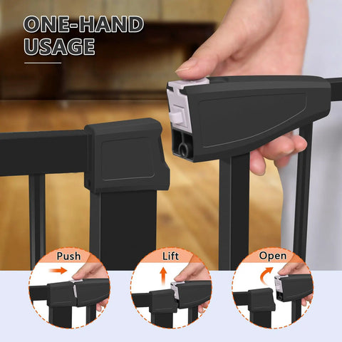 Close-up of hand using wide fit baby gate for stairs and doorways auto close fits 29.93 to 46 inch openings 30 inch tall