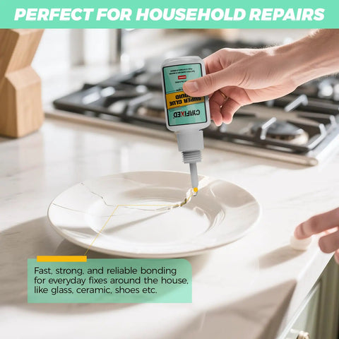 Person using Clear Quick Dry Cyanoacrylate Glue For Wood Plastic Metal Glass Ceramic Leather And More For DIY Projects on cracked plate