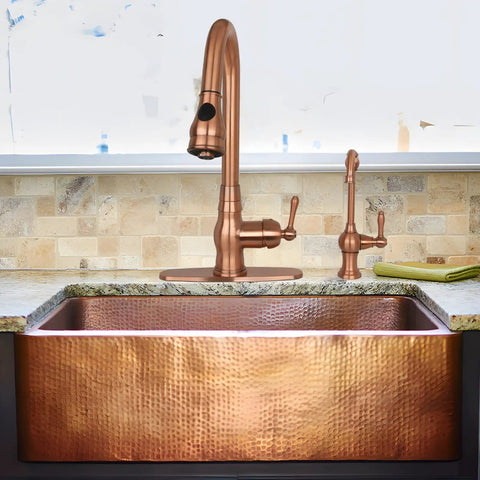 Cold Water Kitchen Water Filter Faucet Brass Body In Antique Copper Finish, close-up on sink with high arc spout and 360 rotation