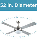 52 Inch Ceiling Fan With Brushed Nickel Body And Silver Blades, Perfect Indoor Upgrade For Living Room Or Office, 52 in Diameter
