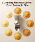 Grain Mill Attachment For KitchenAid Stand Mixer With Nine Grind Levels For Fresh Flour From Wheat Corn Oats Millet and Coffee Beans Easy Tool Free Setup and Uses Your Mixer Power For Efficient Grinding, showing grind level samples.