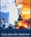 Smart 1 Pole 20 Amp 120V And 240V AC Circuit Breaker For Marine Power Systems And Solar PV Installations DIN Rail Mount With Flame Retardant Shell Large Interface Visualization Window And Easy Quick Safety Shutoff, displayed on a futuristic platform against hot and cold backgrounds.