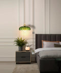Chic Green Glass Swag Lamp With Inline Switch Plug In Pendant Fixture For Kitchen Island Bedroom Dining And Living Room Cozy Vintage Floral Hanging Decor in a cozy bedroom setting.