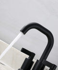 Matte Black Two Handle Bathroom Faucet With Push Up Pop Up Drain Sleek 4 Inch Centerset Lavatory Faucet Lead Free Certified By cUPC NSF