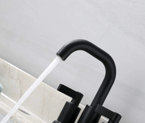 Matte Black Two Handle Bathroom Faucet With Push Up Pop Up Drain Sleek 4 Inch Centerset Lavatory Faucet Lead Free Certified By cUPC NSF