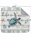 Folded Blue Starfish Shell Conch Wood Grain Dish Drying Mat with turtle design, 18x24, showing non-slip backing and dimensions.