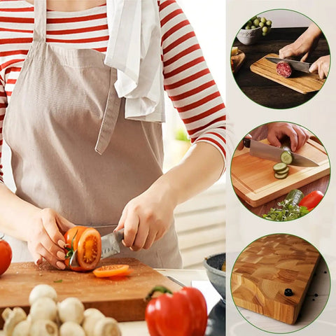 Person cutting vegetables on a wooden board using White Round Cutting Board Rubber Feet No Sweat Thermoplastic Base Pads.
