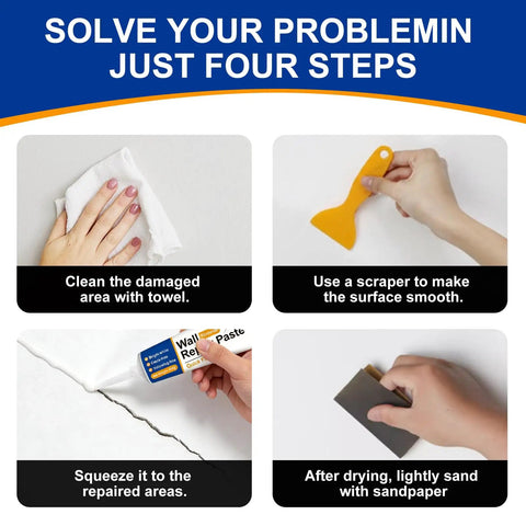 Drywall Repair Kit With Scraper For Quick Hole And Crack Repair showing steps including cleaning, scraping, application, and sanding.