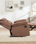 Brown Manual Recliner Chair for Adults With Overstuffed Arms and Back Upholstered Fabric Sofa fully reclined in living room view.