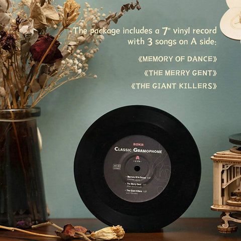 3D Wooden Gramophone Puzzle For Adults DIY Mechanical Model Kit 1 To 1 Replica Record Player With 7 Inch And 10 Inch Vinyl For Desk Display Home Decor Gift For Hobbyists Who Love Retro Vibes, 7-inch vinyl record