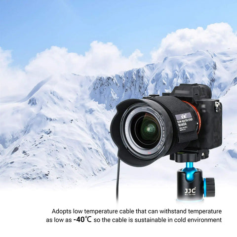 Camera in snowy landscape with Lens Heater And Warmer Strip With Temperature Regulator For Telescopes And DSLR Lenses, Condensation Prevention For 80 To 110mm Gear
