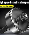 High-speed steel hole saw drill bit set with pilot bit and coil spring, close-up view of silver cutting tool