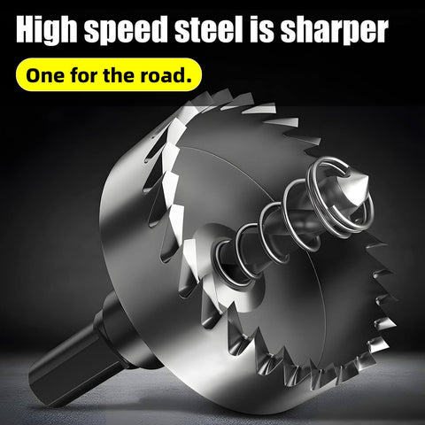 High-speed steel hole saw drill bit set with pilot bit and coil spring, close-up view of silver cutting tool
