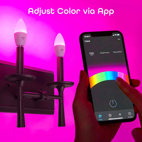 WiFi Smart E12 B11 Candle Bulb 40W Equivalent Multicolor Dimmable Tunable White LED With Schedules Timers And Voice Assistant Compatibility shown in chandelier with color adjustment app