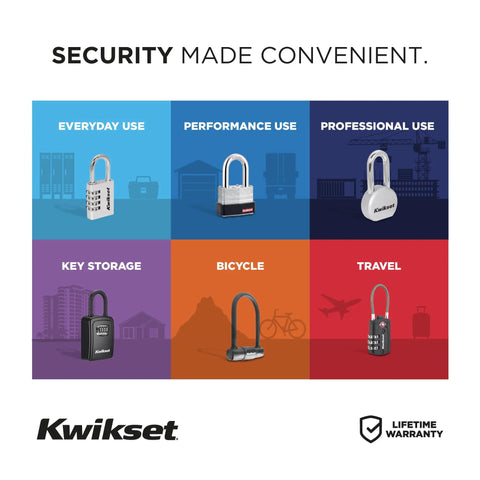 Image illustrating different Kwikset security locks for everyday, performance, professional use, key storage, bicycles, and travel.