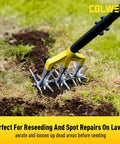 Rotary Cultivator Garden Tool For Loosening Compacted Soil 61 Inch With Detachable Aluminum Tines in action on lawn
