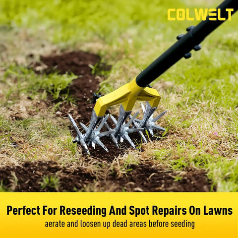 Rotary Cultivator Garden Tool For Loosening Compacted Soil 61 Inch With Detachable Aluminum Tines in action on lawn