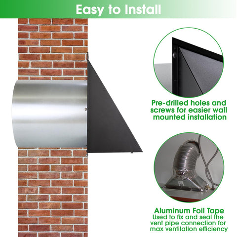 12 Inch Wall Vent Hood Exhaust Cap for Dryer Vent Cover with Screen and Damper Exterior Hooded Wall Vent Installation Detail