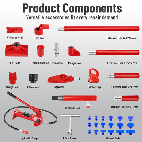 Heavy Duty 6 Ton Hydraulic Ram Jack And Pump Kit For Auto Body Repair and Frame Straightening with various accessories shown.