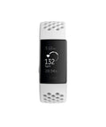 Charge 3 SE Fitness Tracker with Graphite White Silicone Band showing heart rate and steps on screen, all day tracking features.