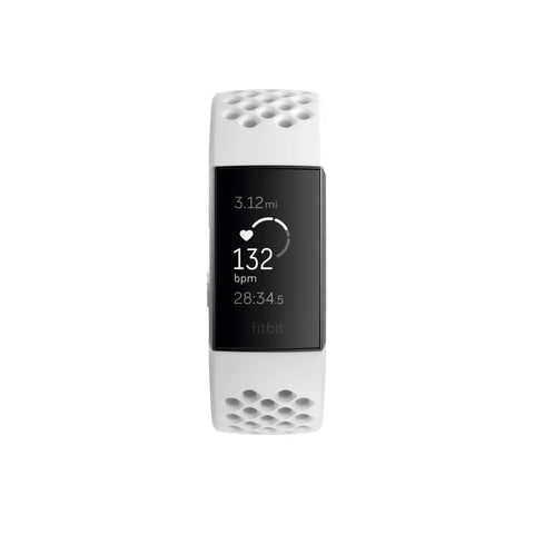 Charge 3 SE Fitness Tracker with Graphite White Silicone Band showing heart rate and steps on screen, all day tracking features.