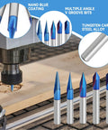 Heavy Duty CNC Wood Carving Router Bits Set Featuring Five Slick Nano Coated V Shape Engraving Tools on CNC machine
