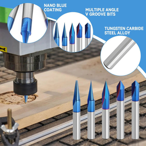 Heavy Duty CNC Wood Carving Router Bits Set Featuring Five Slick Nano Coated V Shape Engraving Tools on CNC machine