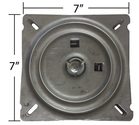Seven Inch Replacement Memory Spring Auto Return Bar Stool Swivel Plate Heavy Duty with oval mounting slots, square plate.