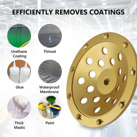 7 Inch PCD Grinding Cup Wheel With 9 Segments For Epoxy Thinset Glue And Concrete Floor Surface Coating Removal On 5/8-11 Threaded Shank Heavy Duty Diamond Cup For Fast Material Removal And Beast Mode Performance On Concrete Floors