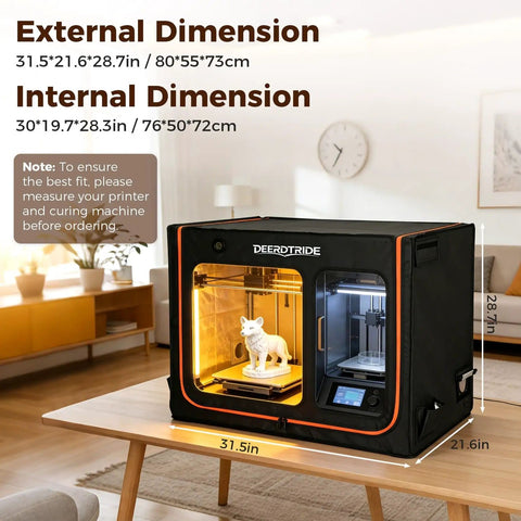 Extra Large Resin 3D Printer Enclosure With Ventilation System And LED Light in home setting, dimensions shown