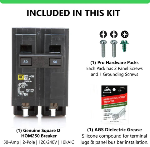 HOM250 50 Amp Double Pole Circuit Breaker Kit For Homeline Panels Genuine OEM Quality Perfect For Your Home Wiring Upgrades Easy Install Rock Solid Thermal Magnetic Protection, breaker kit with screws and dielectric grease
