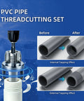 PVC Pipe Thread Cutting Set showing before and after internal and external tapping effects, illustrating use of Bomao 3 Pc Pvc Pipe Threader Kit.