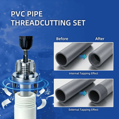PVC Pipe Thread Cutting Set showing before and after internal and external tapping effects, illustrating use of Bomao 3 Pc Pvc Pipe Threader Kit.