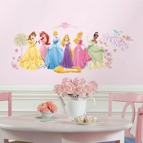 Disney Princess Glow Peel And Stick Wall Decals Kit Featuring 36 Vinyl Stickers in bright multicolor on a playroom wall.