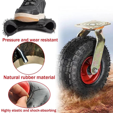 Top Shelf Hella Solid Eight Inch Swivel Caster Plates With Secure Wheel Brakes For Smooth Furniture Moves, rubber tire detail.