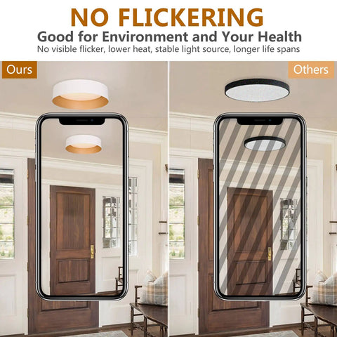 LED Ceiling Light Fixture 12.5 Inch Flush Mount Matte White With Gold Inside Dimmable 3000K warm glow comparison in hallway