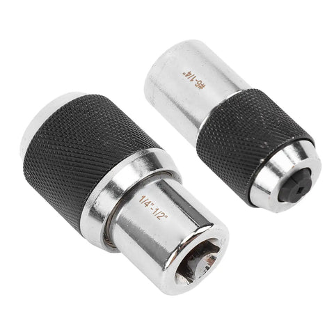 Solid Two Piece Tap Socket Set With 3/8 Drive Socket A Extractors, Heavy Duty Alloy Steel Thread Tap Removers Fit M3 To Half Inch, showcasing two taps with knurled grips.
