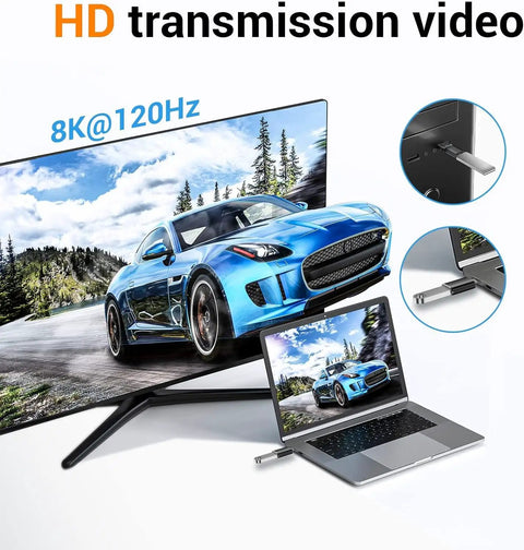 USB C Adapter Car Charger OTG Converter for MacBook Pro Air 2024 Samsung Notebook connected to TV and laptop displaying video