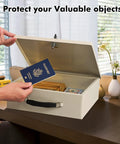 Beefy Fireproof Safe Box With Key Lock For Valuables And Documents, open with passport and cash inside, 13.2 x 11 x 4.13 inches