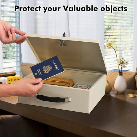 Beefy Fireproof Safe Box With Key Lock For Valuables And Documents, open with passport and cash inside, 13.2 x 11 x 4.13 inches