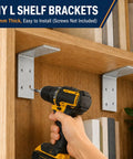 Heavy Duty 3X3 Inch L Brackets Galvanized Steel Corner Braces 90 Degree Angle Iron 12 Gauge Metal Connectors For Rock Solid Wood Framing And Tough 8 Piece Hardware Sets installed on a wooden shelf
