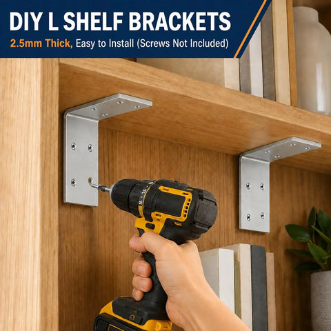 Heavy Duty 3X3 Inch L Brackets Galvanized Steel Corner Braces 90 Degree Angle Iron 12 Gauge Metal Connectors For Rock Solid Wood Framing And Tough 8 Piece Hardware Sets installed on a wooden shelf