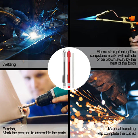 Round Soapstone Holder Kit With Refills, 2 Holders And 14 Refills for welding and fabrication, with images of welding and grinding.