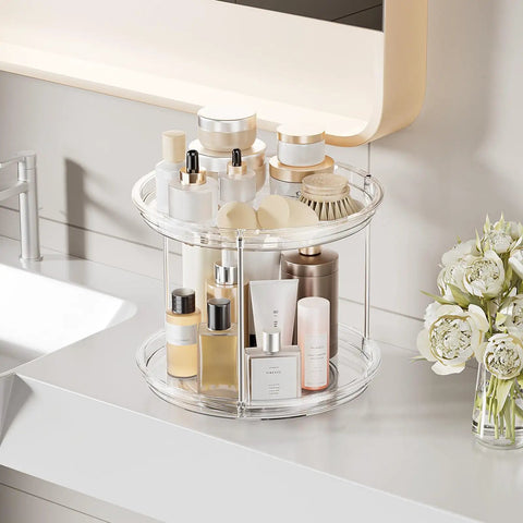 Heavy Lift Double Tier Lazy Susan Turntable Organizer For Pantry Or Fridge, clear acrylic with skincare products, 9 inch diameter.